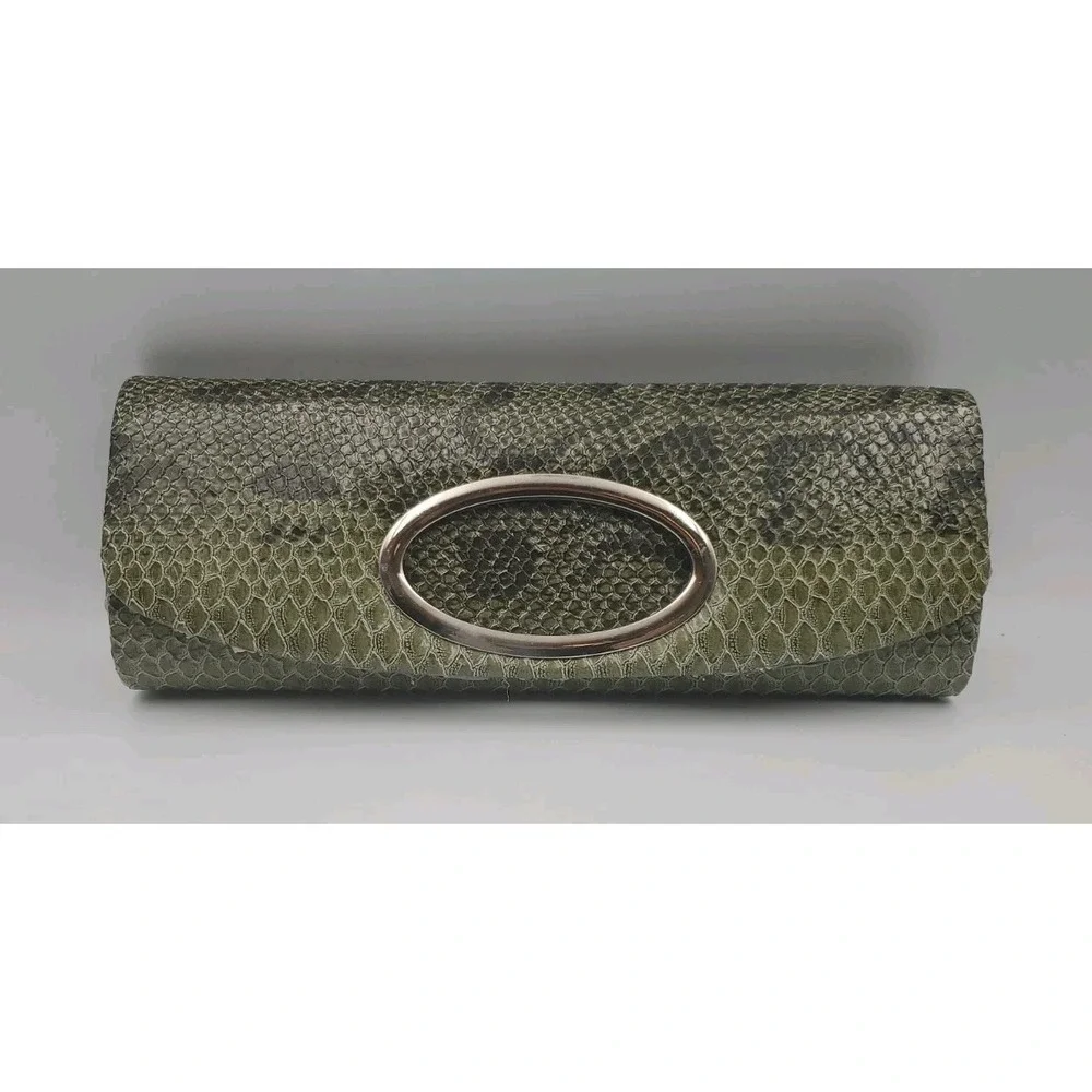 Bijoux Terner Green Faux Snake Skin Clutch Purse Handbag 12‎ x 5 x 1.5